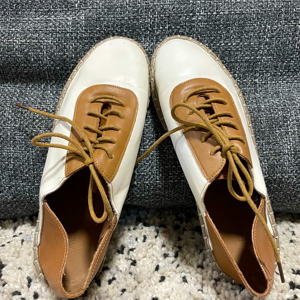 White and Tan lightweight tennis shoes